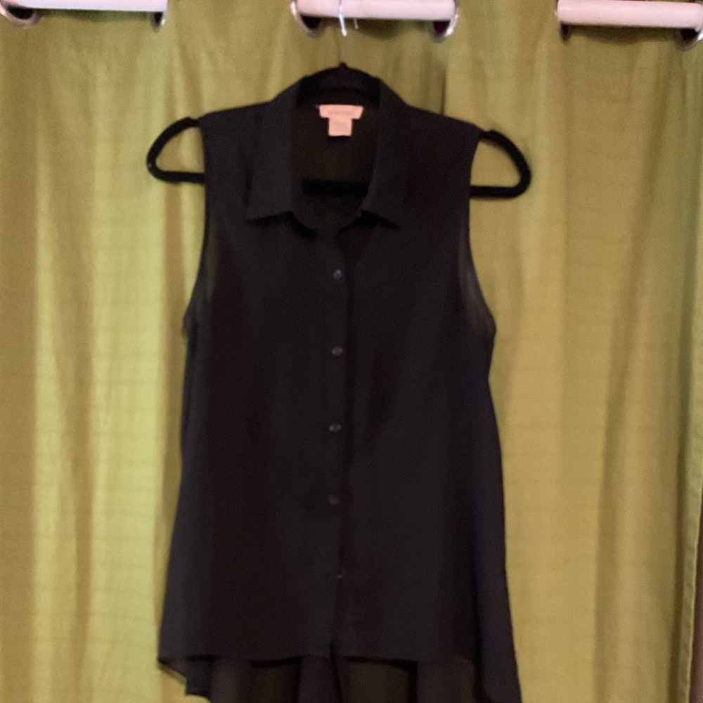 Sheer Black Rushed Back Button Up Sleeveless Blou… - image 1